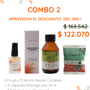 COMBO 2: 3 Serum Repair Complex, 3 Cápsulas Moringa+Vit A y 3 sobres Hoja Moringa 5 gr