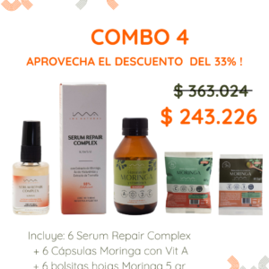 COMBO 4: 6 Serum Repair Complex, 6 Cápsulas Moringa+Vit A, 6 sobres polvo Moringa 15 gr y 3 sobres Hoja Moringa 5 gr